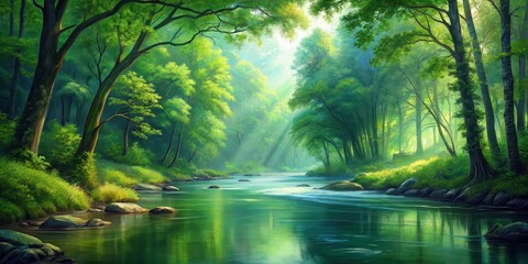 Painting of a serene river flowing through a lush green forest, nature, landscape, water, trees, reflection, peaceful