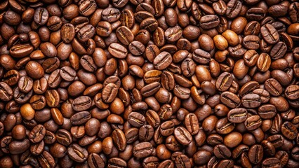 Overhead view of dark brown coffee beans backdrop with pleasant scent, coffee beans, dark brown, overhead view, backdrop, aroma