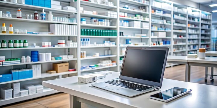 A modern pharmacy workstation with an open laptop displaying a inventory management software, surrounded by shelves stocked with various medications and supplies.