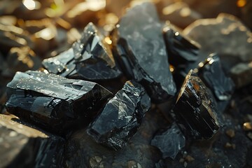 A piece of coal on the beach in the rays of the sun