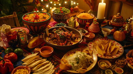 If relevant, include elements that highlight the festive or celebratory nature of the meal, such as holiday decorations, traditional music instruments, or cultural attire. 