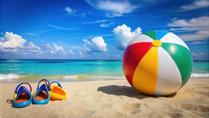 Obraz premium Colorful beach ball, snorkeling gear, and flip flops on sandy beach, beach ball, snorkeling gear, flip flops, sand, sunny
