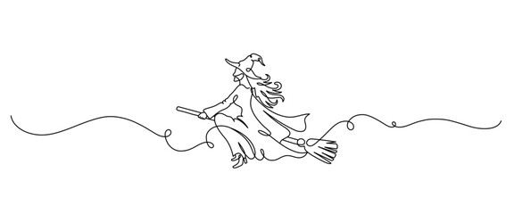 halloween witch with flying broomstick,line art style.vector haloween elements