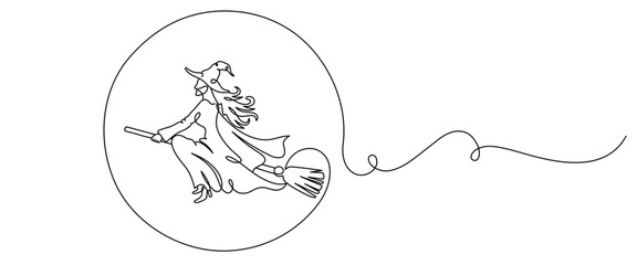 halloween witch with flying broomstick,line art style.vector haloween elements