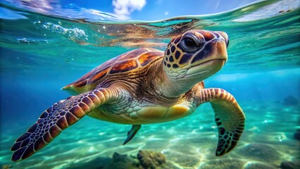 Fototapeta premium Up close view of a sea turtle symbolizing longevity in the clear emerald waters , sea turtle, symbol, longevity, ocean