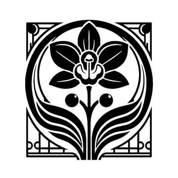 recommend clip art: Orchid plant, tree in decorative emblem ornament, Victorian, art deco, art nouveau, boho, bohemian,  folk, flourish