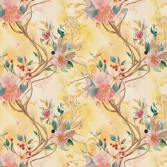 Fototapeta premium Flower seamless pattern with abstract floral branches with leaves, blossom flowers and berries. Vector nature illustration in vintage watercolor style on light yellow background Generative AI 