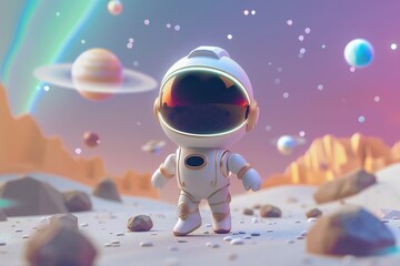 Robot explorer discovering new planets in a distant galaxy in 3D render cartoon style , generated by ai