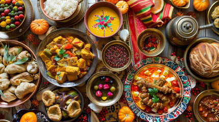 If relevant, include elements that highlight the festive or celebratory nature of the meal, such as holiday decorations, traditional music instruments, or cultural attire. 