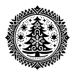 spruce, fin, pine plant, tree in decorative emblem ornament, Victorian, art deco, art nouveau, boho, bohemian,  folk, flourish