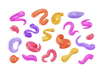 3d plastic shapes. Set of fluid elements, geometry doodles and liquid figures. Artistic bubbles, smooth blobs and inflatable squiggles render. Vector cartoon isolated illustration.