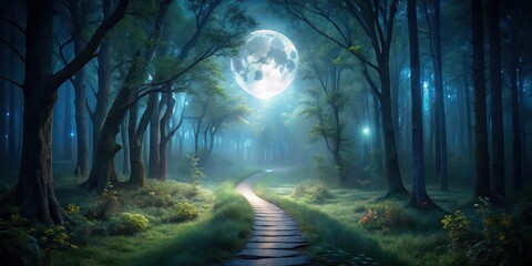 Moonlit Pathway in a dark forest with soft glow from the moon illuminating the winding path, moonlight, pathway, forest