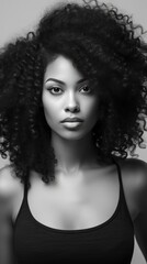 Fototapeta premium A black and white portrait of a young woman with curly hair, posing in a simple tank top against a neutral background