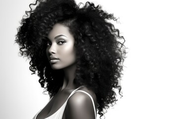Fototapeta premium A close-up portrait of a woman with dark skin and large, curly black hair, posing against a white background