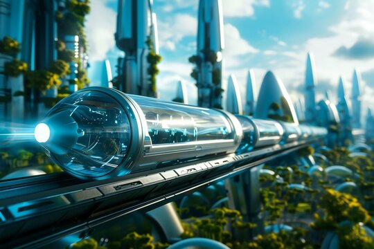 3D scene of a hyperloop train speeding through a futuristic landscape , generated by ai