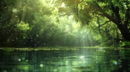 Obraz premium Sunbeams pierce a lush green forest floor in a vibrant summer landscape
