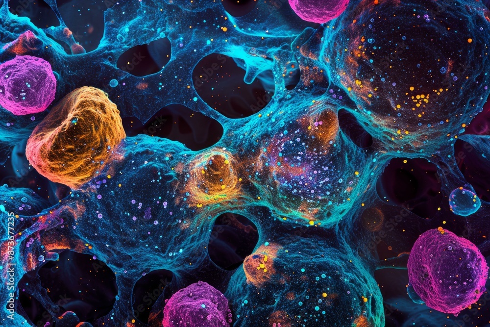 Poster Vibrant and colorful abstract cosmic nebula digital art background with a mysterious and deep interstellar texture, perfect for a highresolution desktop wallpaper