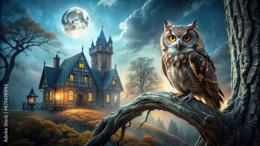 Wall mural Mystical Halloween owl perched on tree trunk with mysterious haunted house in background , owl, halloween