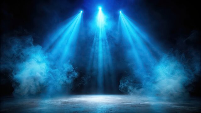 Fog and haze effect on black background with spotlight beams and blue neon light , mist, atmospheric, darkness, shadows