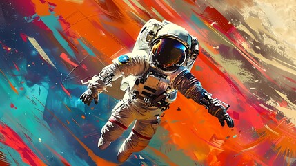an astronaut floating against a colorful background