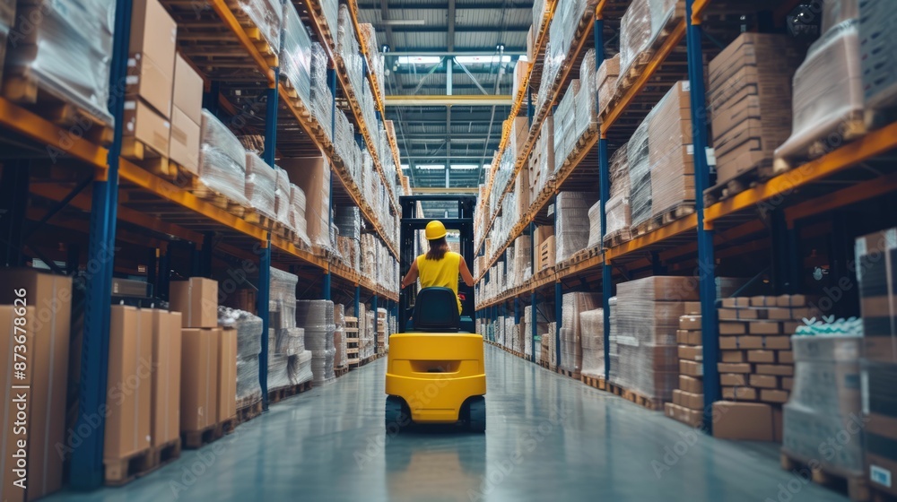 Poster smart warehouse worker or operator driving forklift and lifted product surrounded with box at storag
