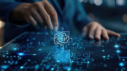 Businessperson uses digital interface with puzzle and AI brain icon, symbolizing artificial intelligence solutions and innovation.