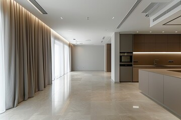 a spacious kitchen in a modern apartment