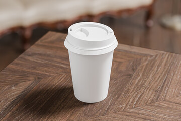 Single white take away coffee cup for mockup presentation branding design rendering minimalist blank close up with moody lighting calm and cozy engaging product display or disposable cup concept