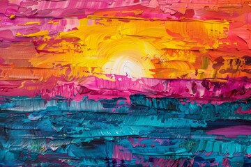 Vibrant abstract painting depicting a sunset over the ocean with textured brushstrokes