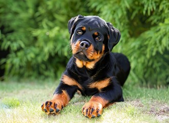 puppy Rottweiler dog in garden. High quality photo
