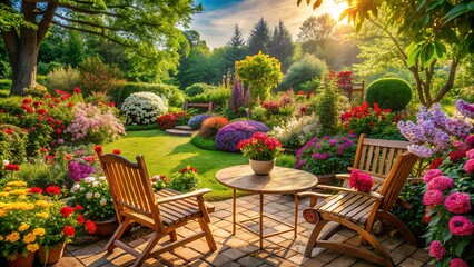 Fototapeta premium Vibrant blooming flowers and lush greenery surround a warm, inviting outdoor setting, evoking feelings of joy and serenity reminiscent of a happy grandmother's presence.