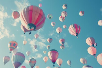 Vibrant hot air balloons float in a bright blue sky, creating a dreamy atmosphere