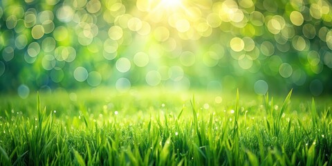 Obraz premium Green grass field in springtime with sunlit bokeh lights in the background, spring, summer, background, fresh, green