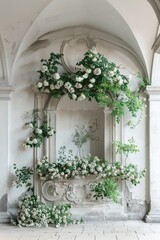 Wedding arch decorated with white roses and greenery. Wedding decor