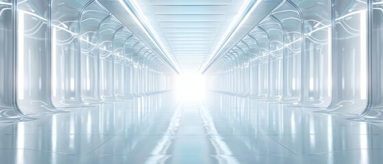 Obraz premium Blue light streaks flow through a digital tunnel in this futuristic office building illustration