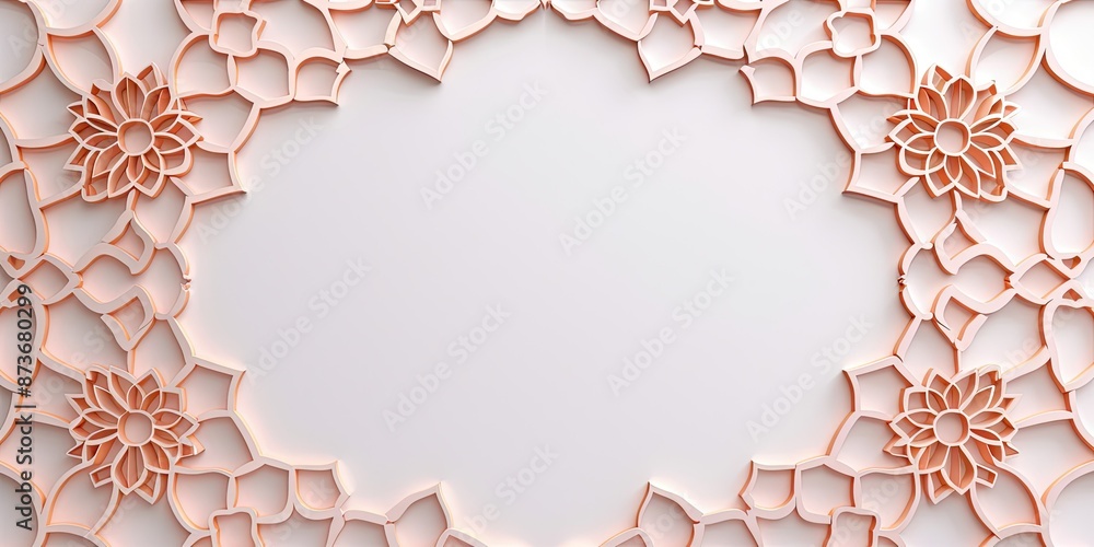Poster beautiful salmon arabic symmetrical pattern with floral pattern and empty space for text on white ba