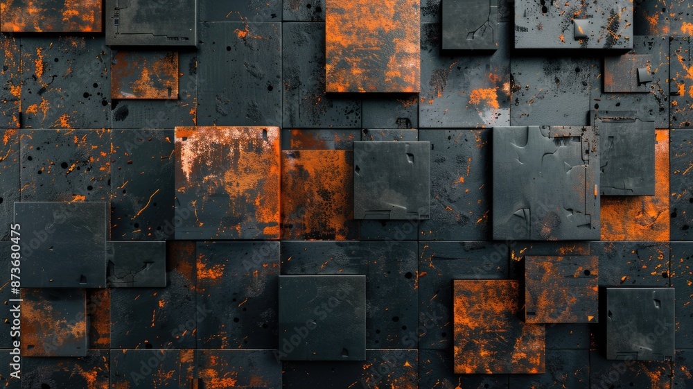 Poster abstract 3d rendering of black and orange textured blocks. digital art of abstract design of black c