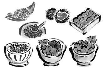 鮭とイクラの手書き和風筆イラスト素材