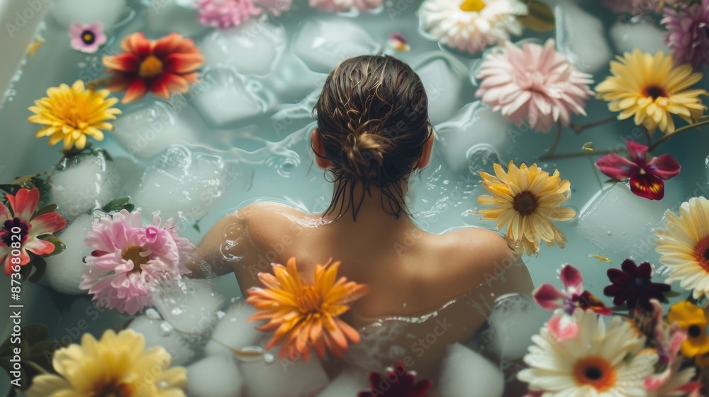 Poster a person sitting in an ice bath surrounded by colorful flowers floating on the surface adding a touc
