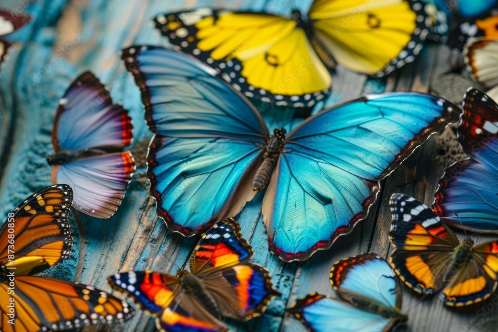 Poster stunning array of colorful butterflies spread across a rustic wooden backdrop