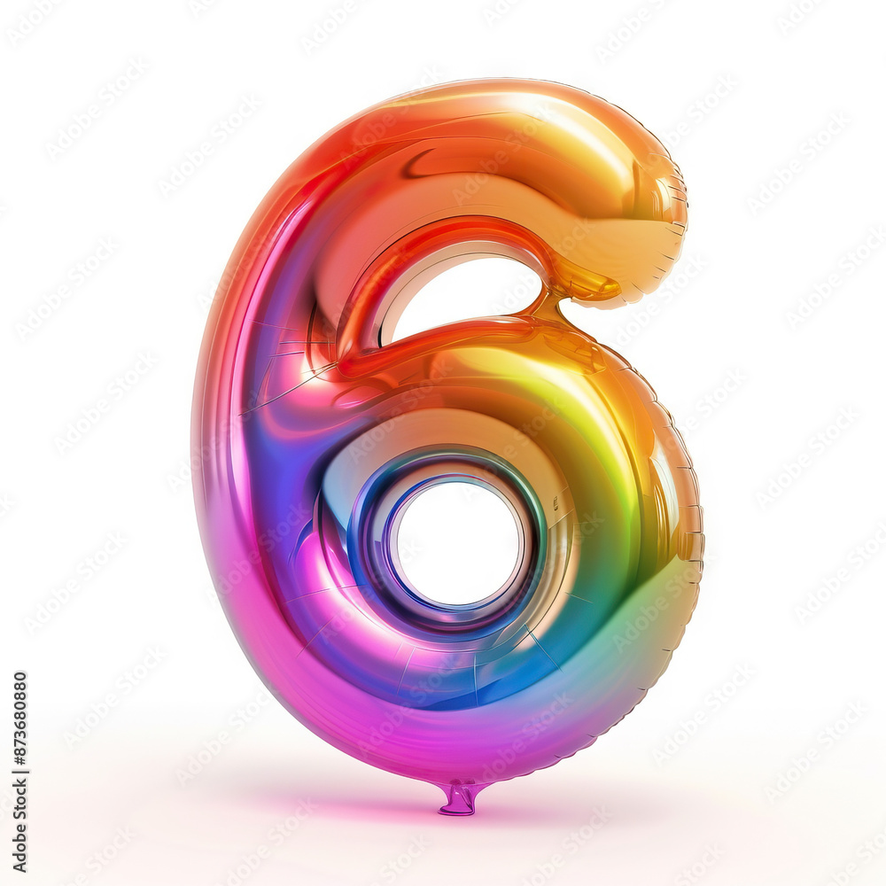 Wall mural shiny inflatable number six balloon featuring a vibrant rainbow gradient, standing upright on a whit