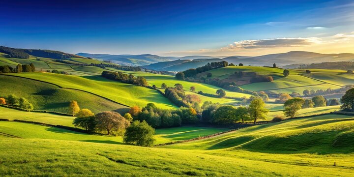Serene countryside scene with rolling hills and a clear blue sky, countryside, serene, landscape, hills, tranquil, peaceful