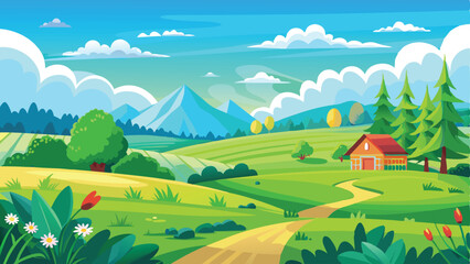 Naklejka premium Spring landscape in flower field on sunny Day, Panorama outing in countryside in spring with blue sky and clouds. 