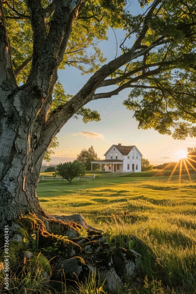 Poster As the sun dips below the horizon, casting its final rays across the scene, the farmhouse stands as a symbol of enduring beauty and timeless grace, capturing