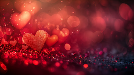 Obraz premium valentines day Abstract blurred background with bokeh effect in red colors digital hearts pattern, depth of field, blurred, corporate style, dark red background