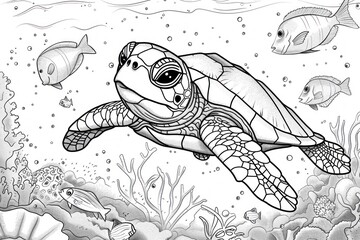 Naklejka premium A cute line art illustration of a baby turtle swimming in the ocean. The turtle has a friendly smile and is surrounded by coral and fish. The design is intended for coloring pages, providing ample
