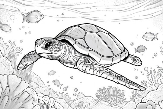A cute line art illustration of a baby turtle swimming in the ocean. The turtle has a friendly smile and is surrounded by coral and fish. The design is intended for coloring pages, providing ample