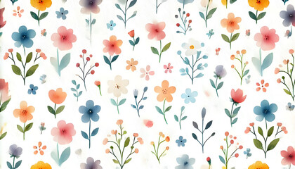 Obraz premium A seamless and minimalistic watercolor floral pattern featuring simple and adorable flowers in vibrant and pastel tones.