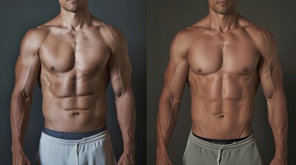 Fototapeta premium A beforeandafter photo series of a persons body composition showing the impact of cold exposure on fat loss and muscle gain.