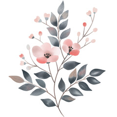 A branch of watercolor pink flower for greeting card, birthday, wedding design,isolated on white background.